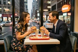 Un couple profite d'un repas chez Shake Shack après une soirée Broadway à New York, avec vue sur Manhattan la nuit