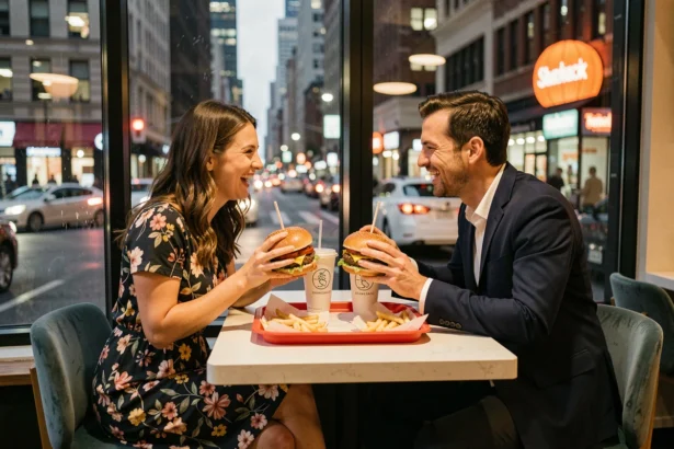 Un couple profite d'un repas chez Shake Shack après une soirée Broadway à New York, avec vue sur Manhattan la nuit