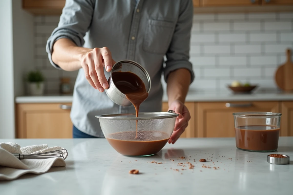 Homme en cuisine versant une crème pâtissière au chocolat chaude à travers un tamis fin dans un bol en verre pour en corriger la texture