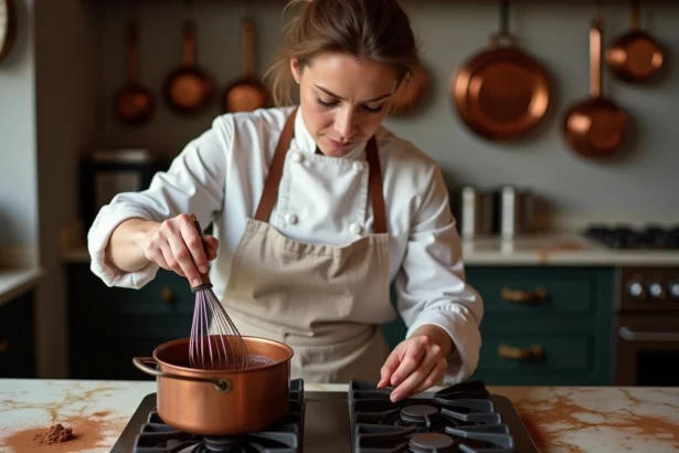 Cheffe pâtissière en train de fouetter une crème pâtissière au chocolat dans une casserole en cuivre sur un fourneau de cuisine professionnelle
