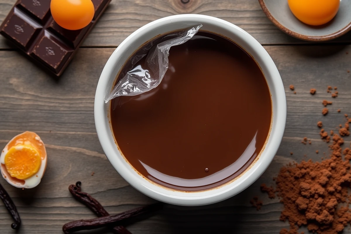 Vue de dessus d'une crème pâtissière au chocolat dans un bol en céramique blanche entourée d'ingrédients comme des jaunes d'œufs et du chocolat noir