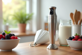 Crème chantilly dans un siphon en acier inoxydable sur un plan de travail en bois