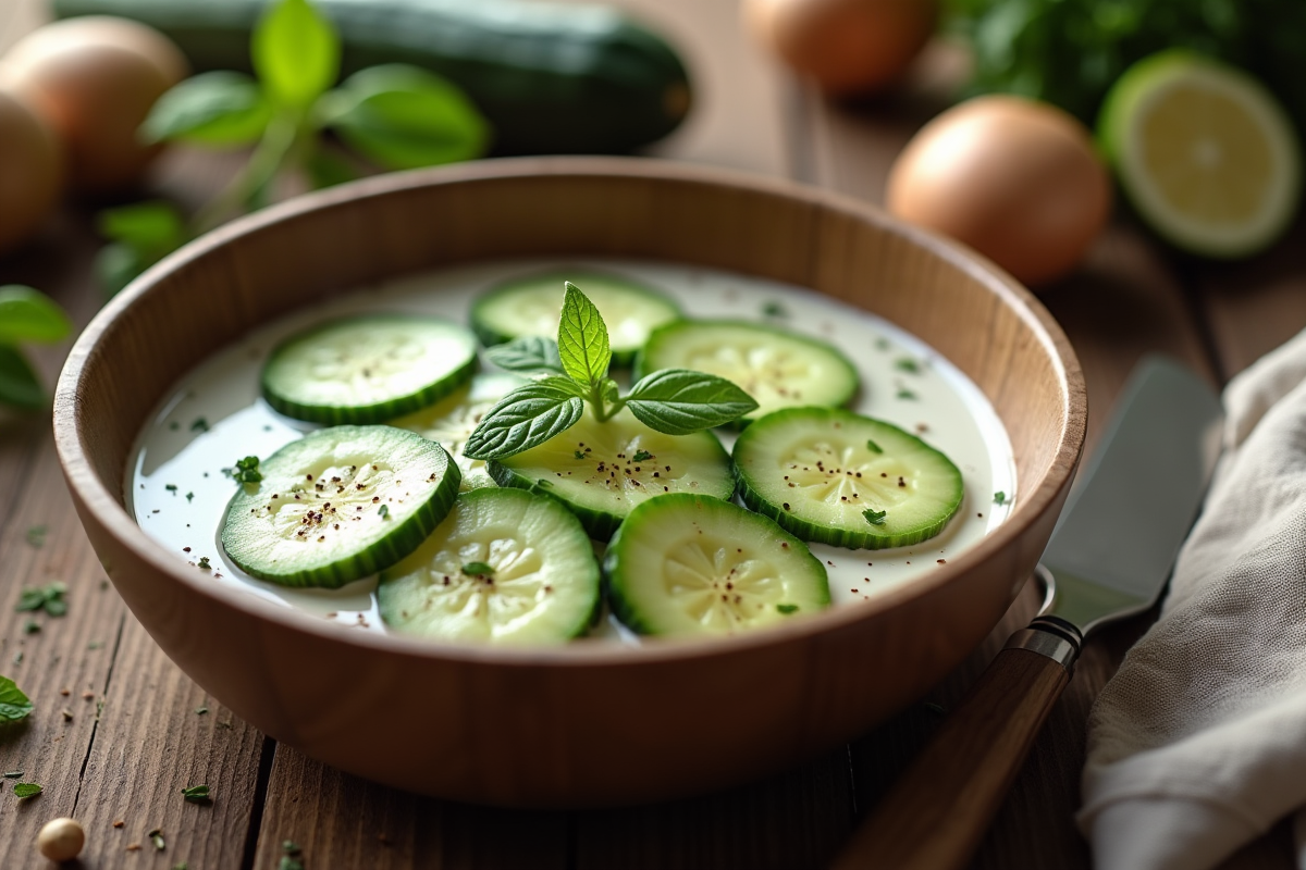 Concombre en crème sur plan de cuisine rustique avec ustensiles