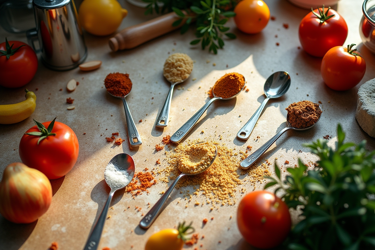 Plan de dessus cuisine avec cuillères et ingrédients