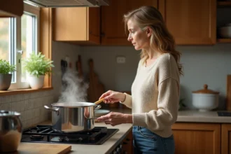 Femme en cuisine préparant des pois chiches en casserole