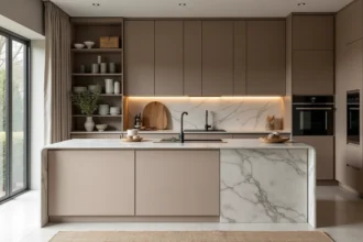 Cuisine moderne avec façades laquées mat en teinte greige et îlot central habillé de panneaux effet béton brossé