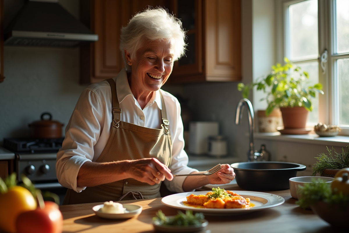 Femme agee préparant la carbonnade flamande dans une cuisine chaleureuse