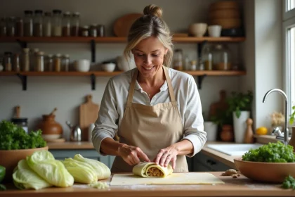 Femme préparant des choux farcis dans une cuisine chaleureuse