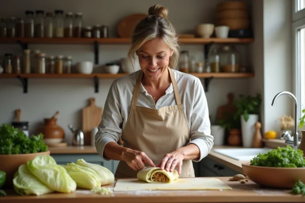 Femme préparant des choux farcis dans une cuisine chaleureuse