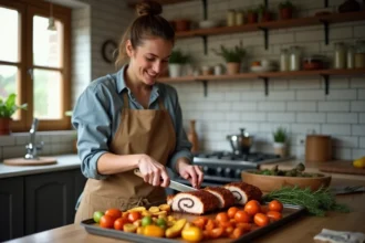 Femme souriante en cuisine tranchant légumes rôtis