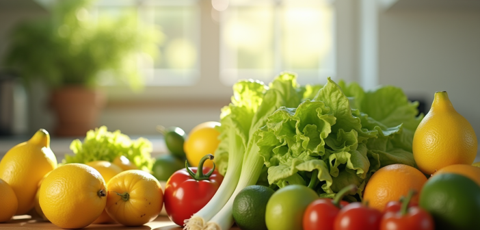 Cuisine lumineuse avec fruits et légumes L