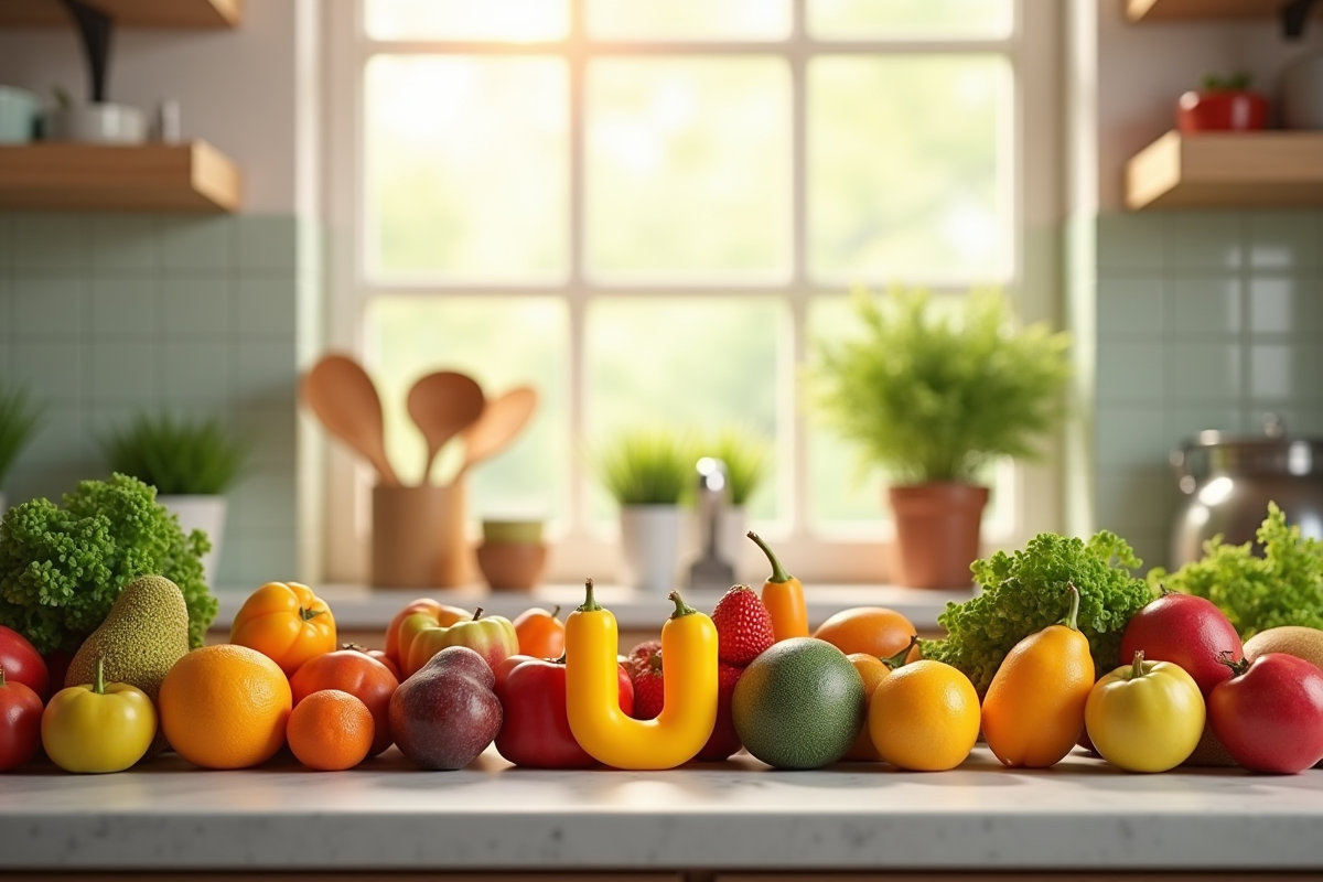 Plan de cuisine avec fruits et légumes U