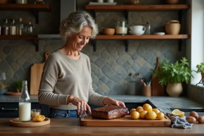 Femme préparant des pommes de terre dorées avec un steak dans une cuisine chaleureuse