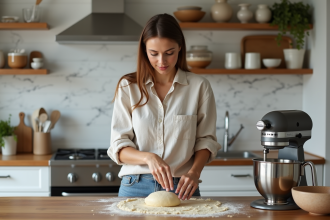 Femme préparant de la pâte dans une cuisine lumineuse
