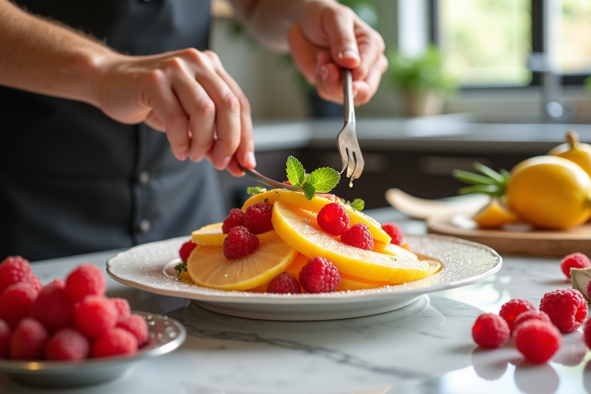 Chef préparant une salade de fruits dans une cuisine lumineuse