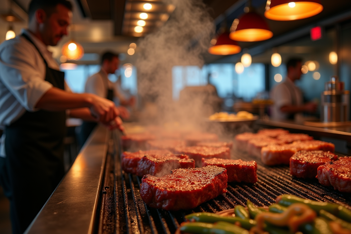 Chef cuisinant des steaks sur un grill à Toulouse
