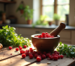 Table rustique avec gattilier et herbes naturelles