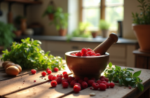 Table rustique avec gattilier et herbes naturelles