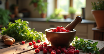 Table rustique avec gattilier et herbes naturelles