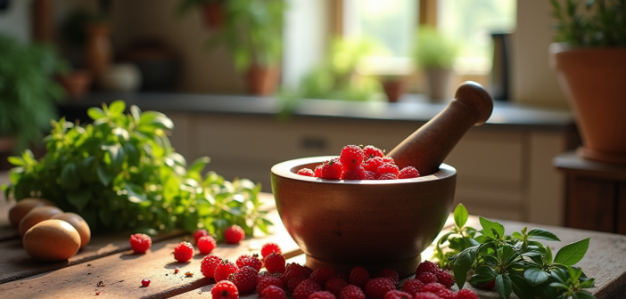 Table rustique avec gattilier et herbes naturelles
