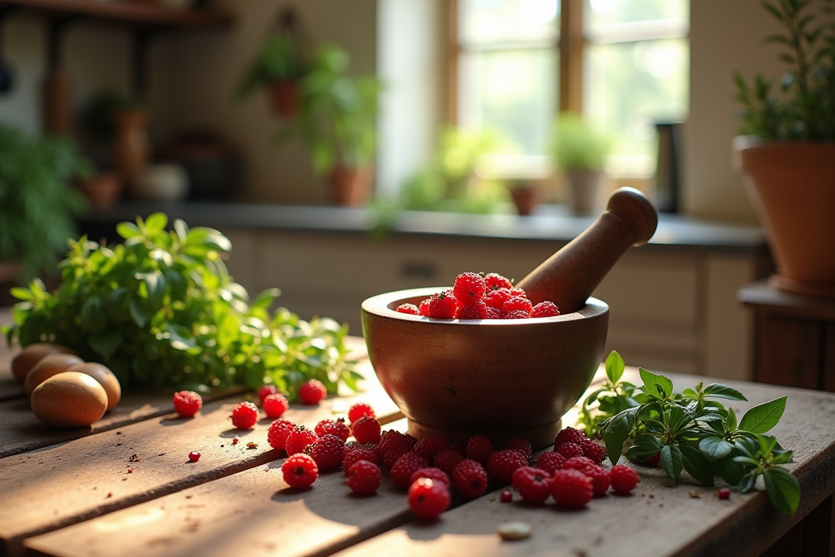 Table rustique avec gattilier et herbes naturelles