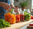 Plan de la cuisine avec légumes frais en bocaux