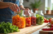 Plan de la cuisine avec légumes frais en bocaux