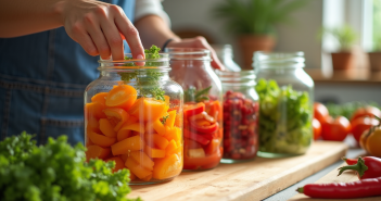 Plan de la cuisine avec légumes frais en bocaux
