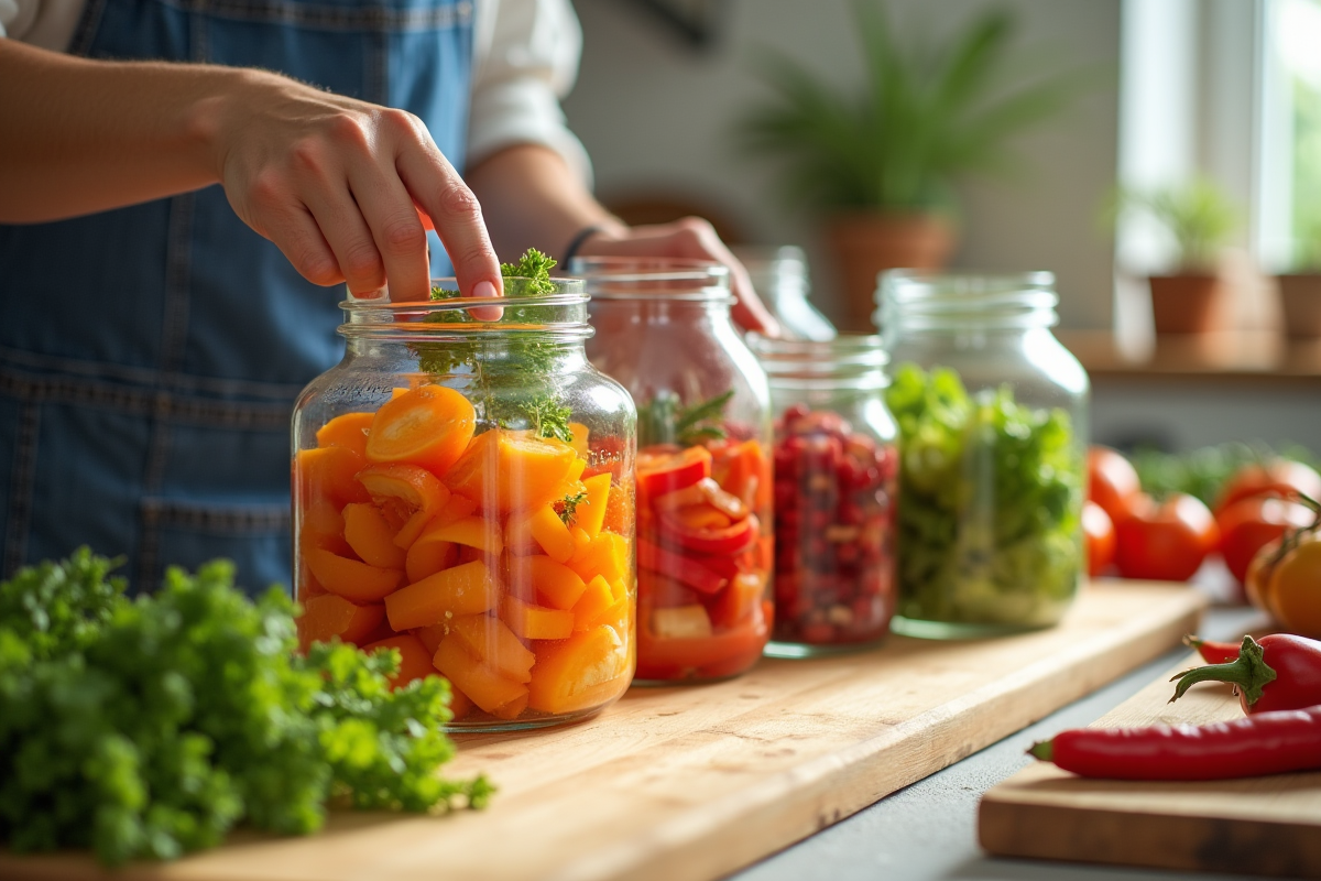 Plan de la cuisine avec légumes frais en bocaux