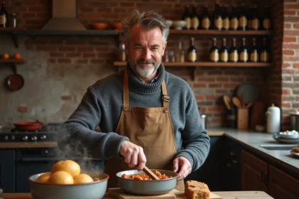 Homme en pull et tablier remuant une carbonnade flamande
