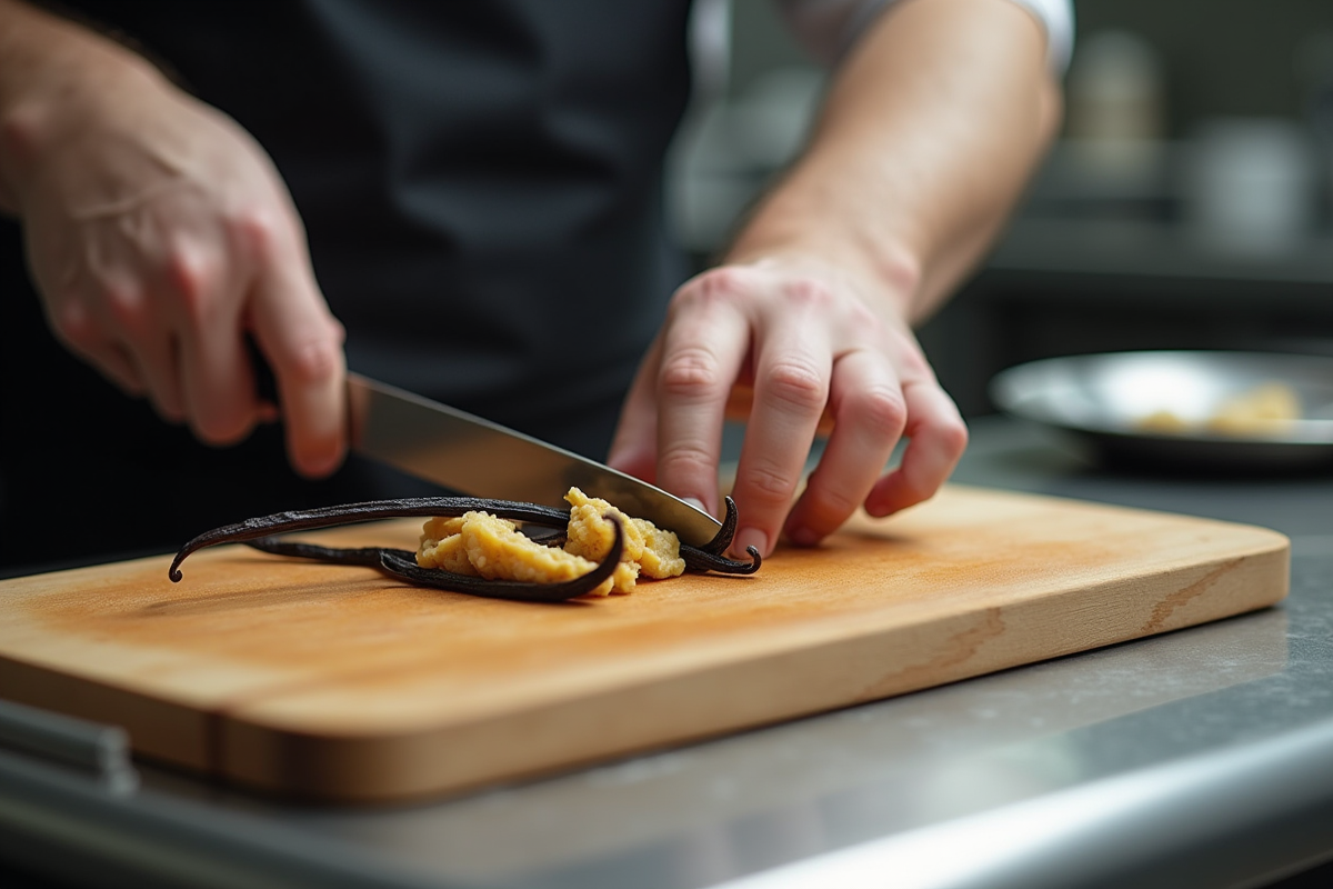 Chef tranchant une gousse de vanille dans une cuisine professionnelle