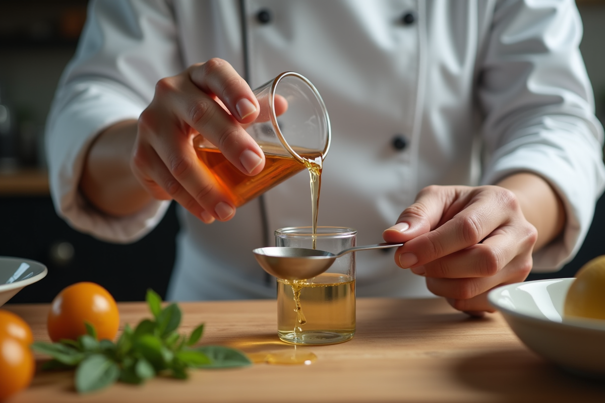 Cuisinier versant liquide dans une cuillère en bois