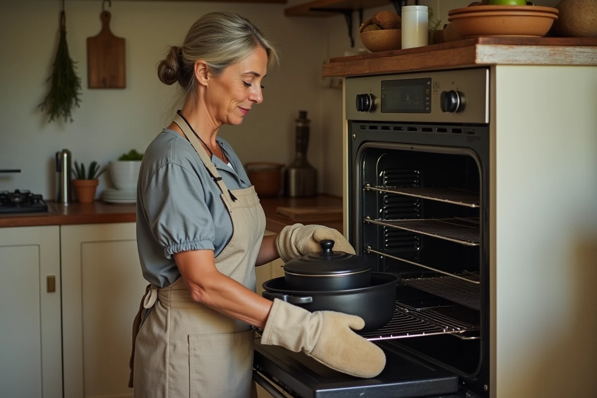 Femme d'une cinquantaine d'années en tablier lin replaçant le couvercle d'une cocotte en fonte dans le four d'une cuisine rustique française