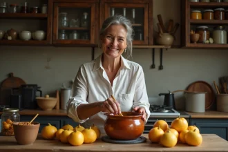 Femme souriante en cuisine préparant de la confiture de coings