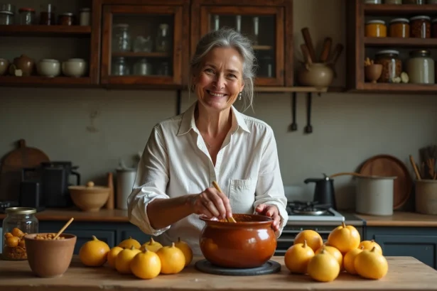 Femme souriante en cuisine préparant de la confiture de coings