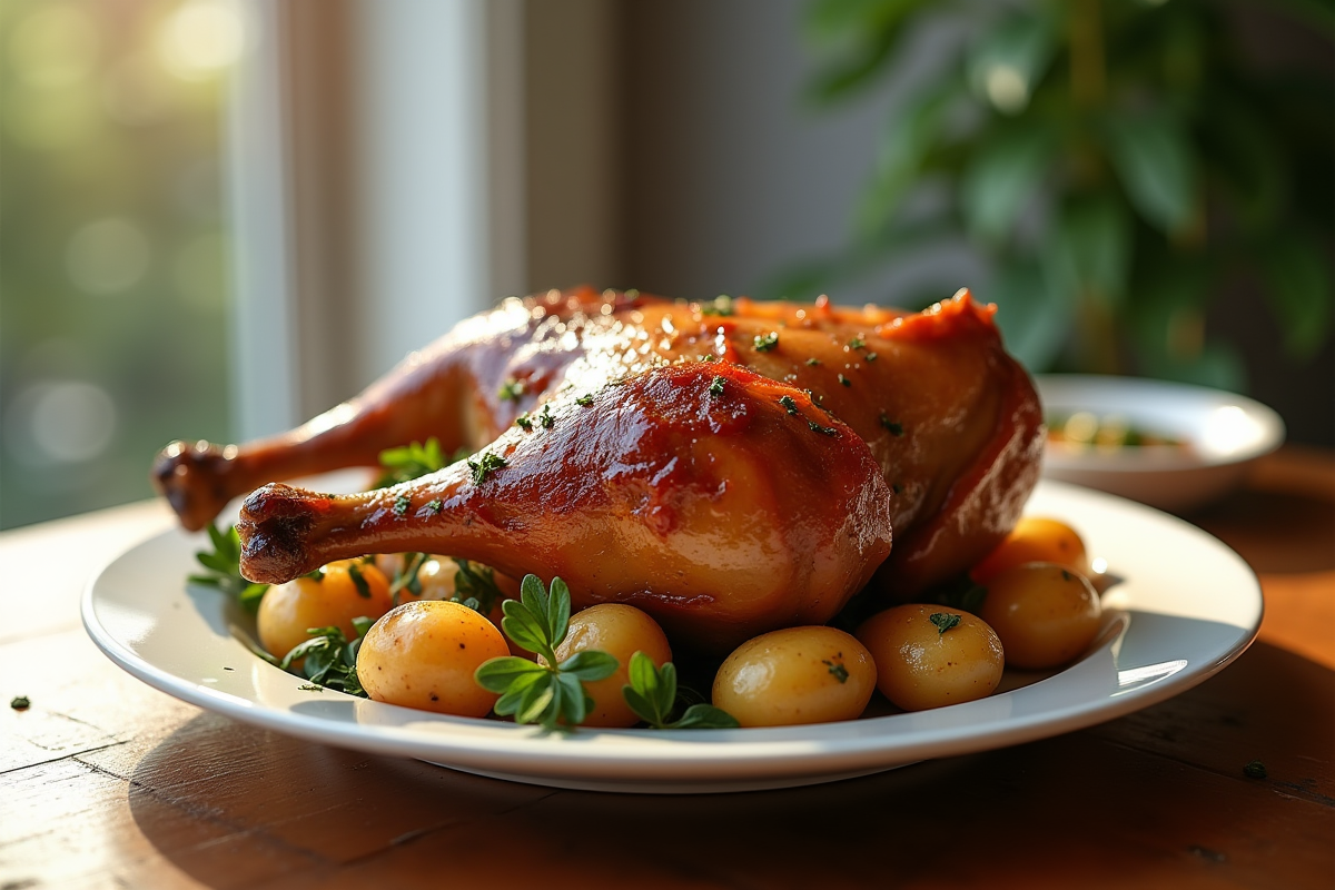 Cuisse de canard croustillante servie avec pommes de terre