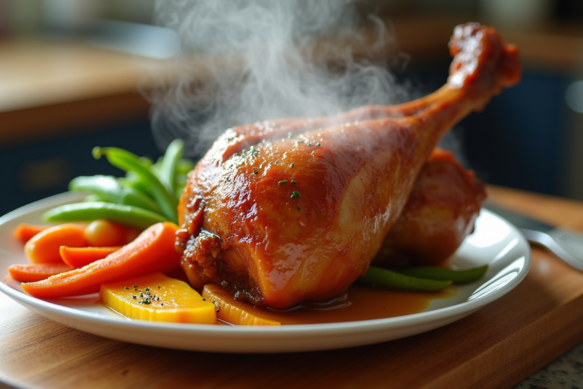 Cuisse de canard sortie de la friteuse à air avec légumes colorés