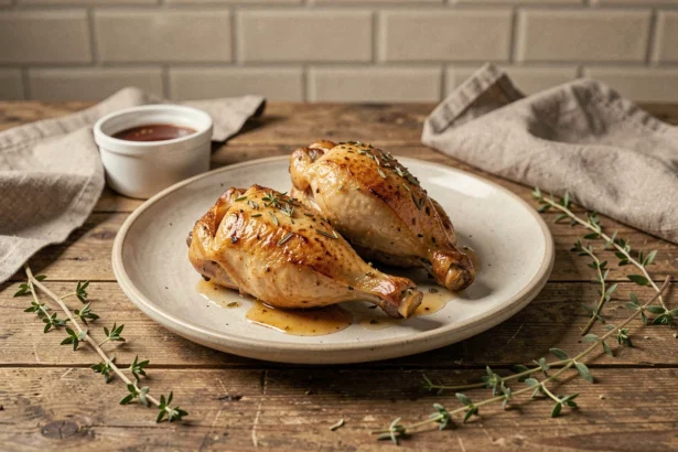 Cuisse de poulet cuite au Cookeo servie sur une assiette rustique avec herbes fraîches et sauce maison