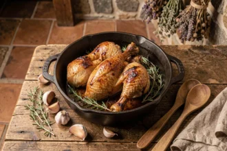 Cuisses de canard dorées mijotant dans une cocotte en fonte avec ail et thym sur une table de ferme en bois