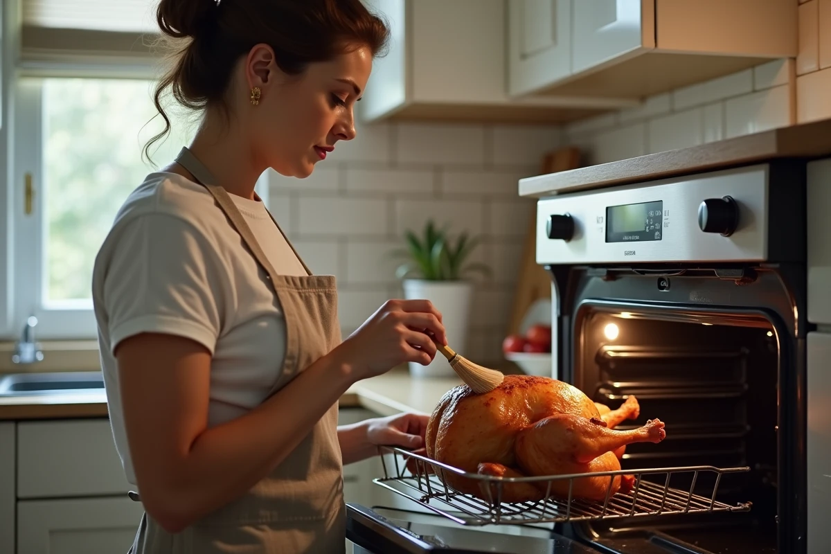 Femme arrosant un poulet entier de 1,5 kg en cours de cuisson dans un four domestique, façon rôtisserie maison