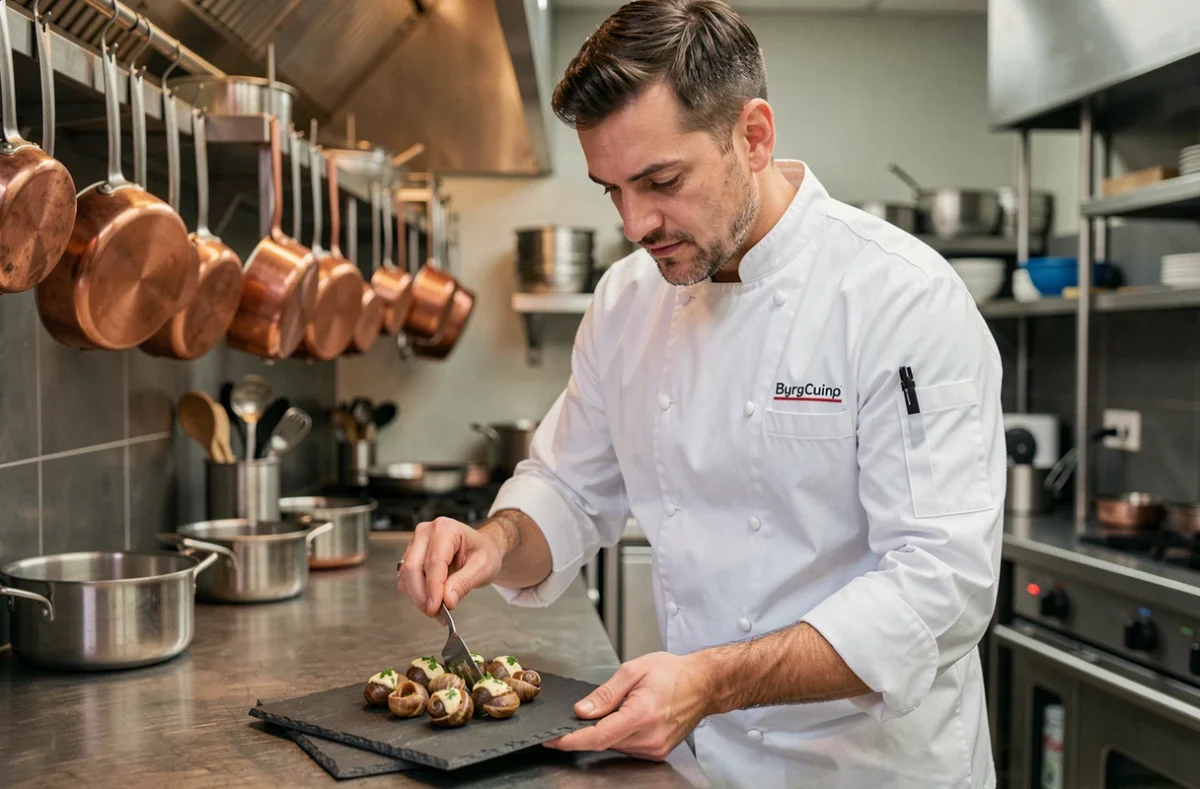 Chef traiteur gastronomique Cyrille Riandet dressant des escargots de Bourgogne dans sa cuisine professionnelle près de Dijon