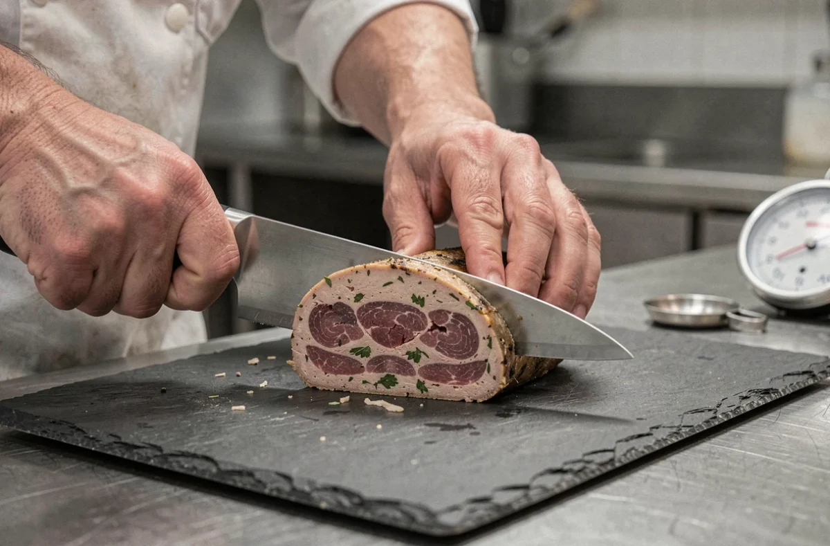 Chef tranchant une terrine de gibier aux viandes mélangées sur une ardoise noire dans une cuisine professionnelle