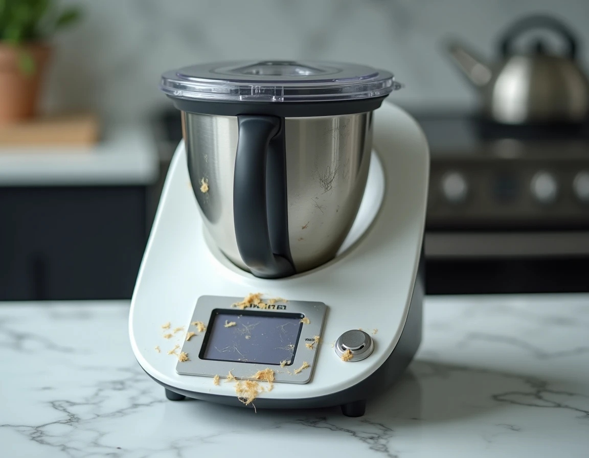 Gros plan sur les défauts d'un Thermomix d'occasion : rayures, sticker décollé et fissure sur le couvercle