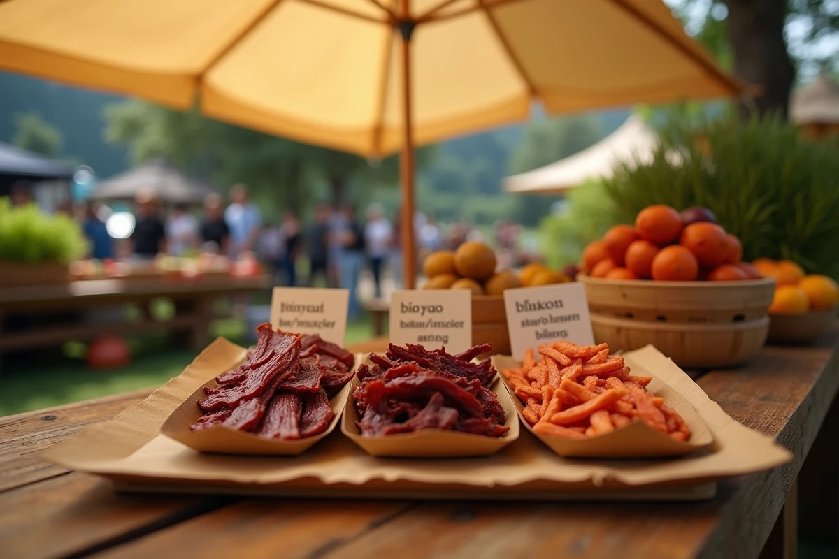 Dégustation comparative de beef jerky et biltong sur un stand de marché fermier avec fiches descriptives des saveurs