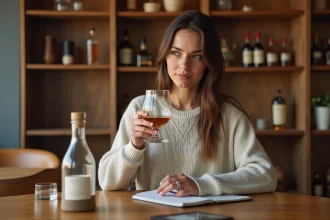 Femme dégustant du whisky dans une salle cosy