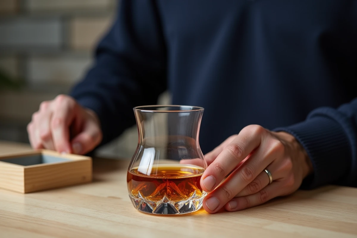 Dégustation de whisky japonais single malt dans un verre en cristal tenu par un homme, avec coffret en bois et velours sur table en hinoki