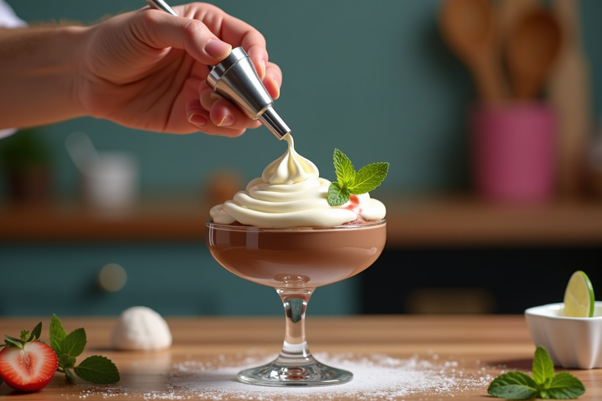 Main d’un chef créant une chantilly sur un dessert gourmand dans une cuisine colorée
