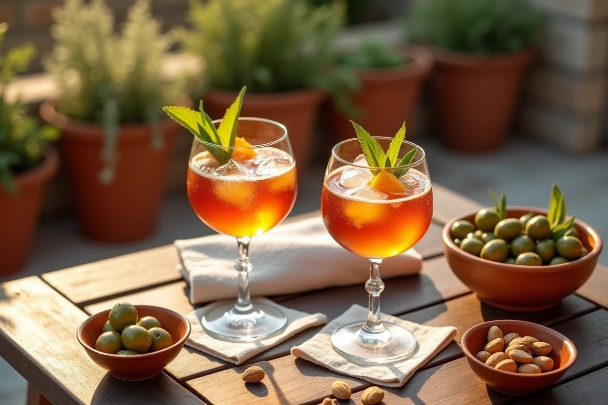 Deux cocktails Americano en verres élégants sur une table en bois rustique avec olives et amandes, terrasse méditerranéenne en arrière-plan flou