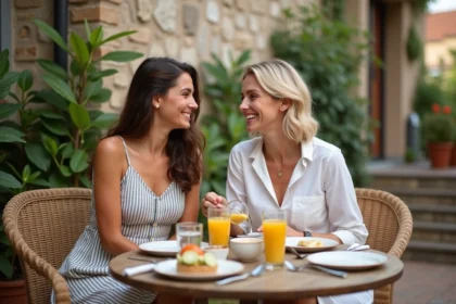 Deux femmes souriantes lors d'un brunch en terrasse méditerranéenne