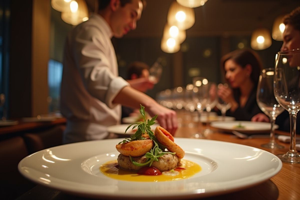 Chef présentant un plat signature dans un restaurant moderne
